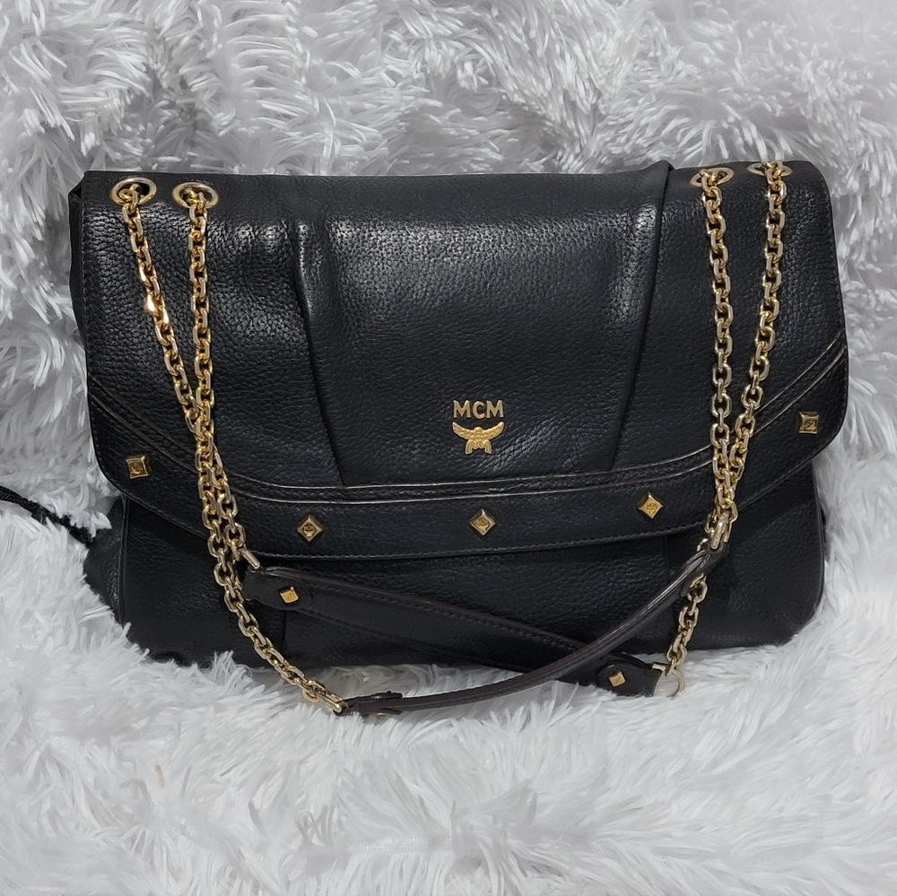💞 MCM Black Leather Chain-Link Shoulder Bag